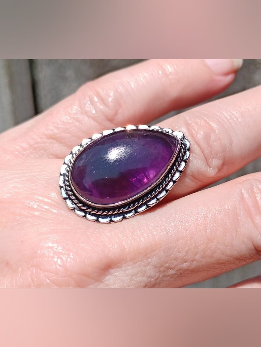 Natural Purple Amethyst Silver Teardrop Statement Ring Sz 6